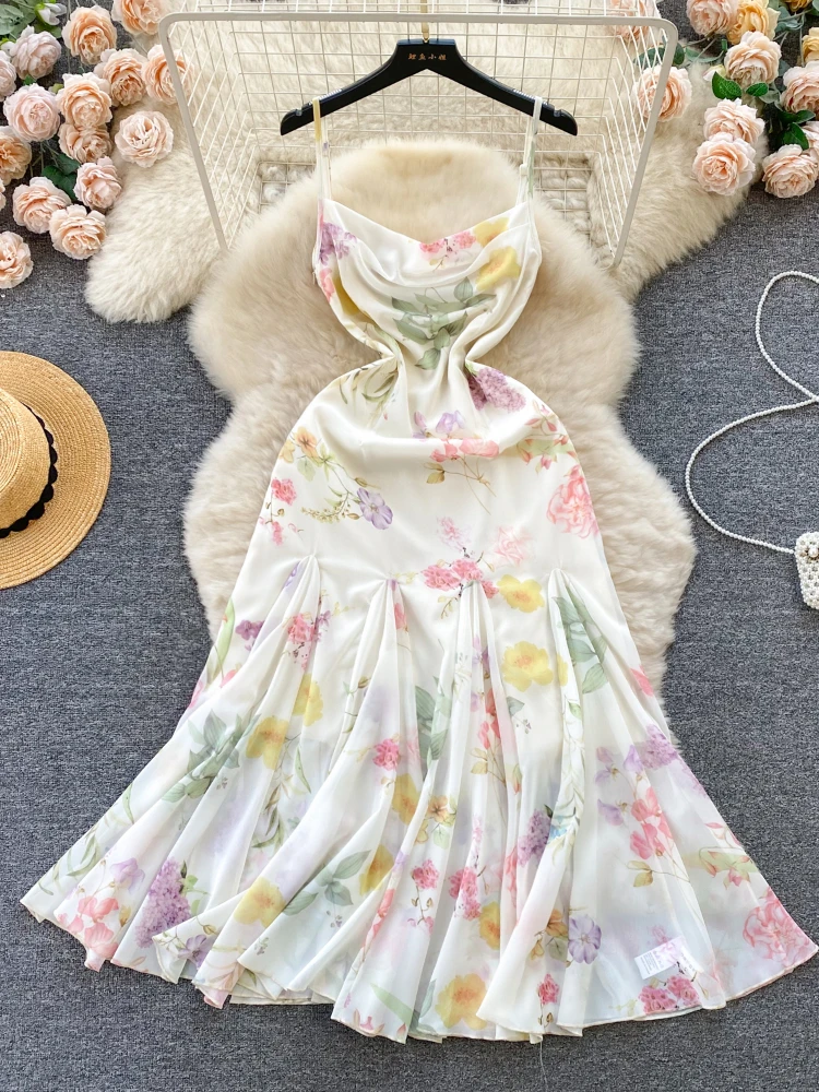 French Elegant Beach Dress 2024 New Women Sexy Floral Printed Slim Mid Length Ruffled Party Dresses Ladies Summer Long Robe