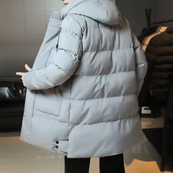 Veste en coton épais à capuche mi-longue pour hommes, manteau potelé, veste en coton tendance, surdimensionnée, automne et hiver