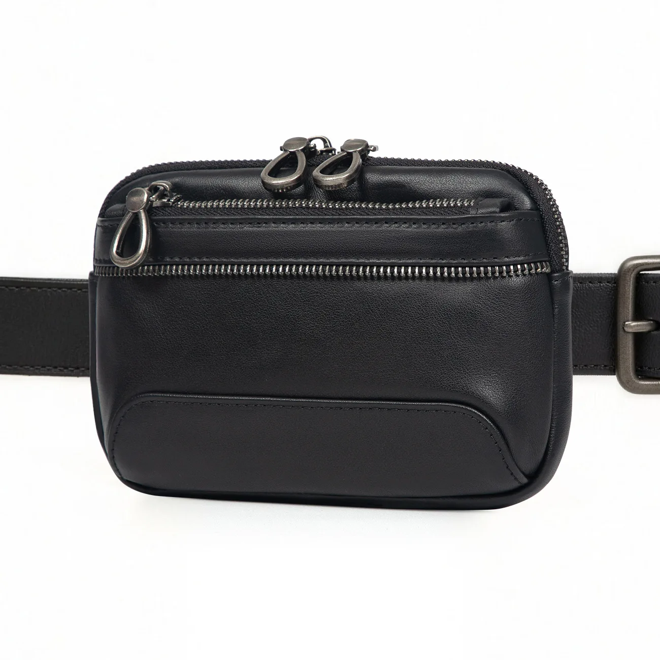 

Men Genuine Leather Waist Bag Top Grain Cowhide Dual Zipper Design Portable Phone Organizer Bag