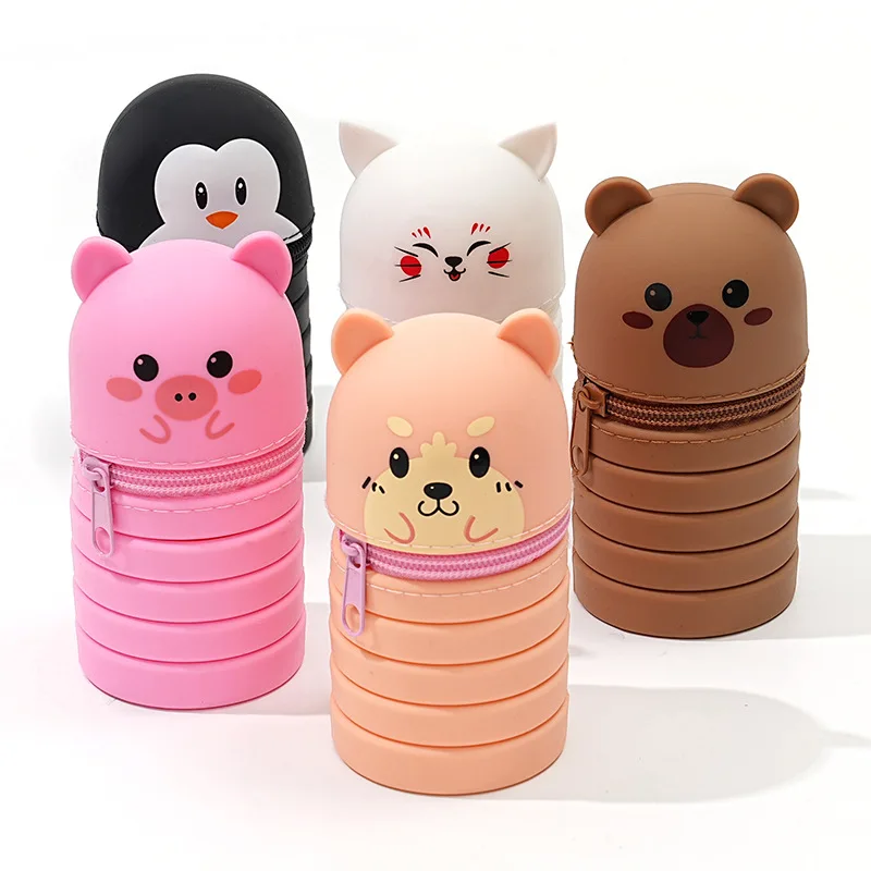 5 pcs/lot Kawaii Cat Bear Animal Retractable Pen Holder Cute Multifunctional Storage Box Stationery Pouch School Office Supplies