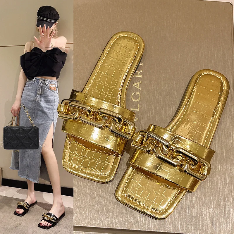 Summer New Flat Bottomed Square Headed Slippers For Women Fashionable Metal Chain Beach Slippers Shiny Star Hand-held Small Bag