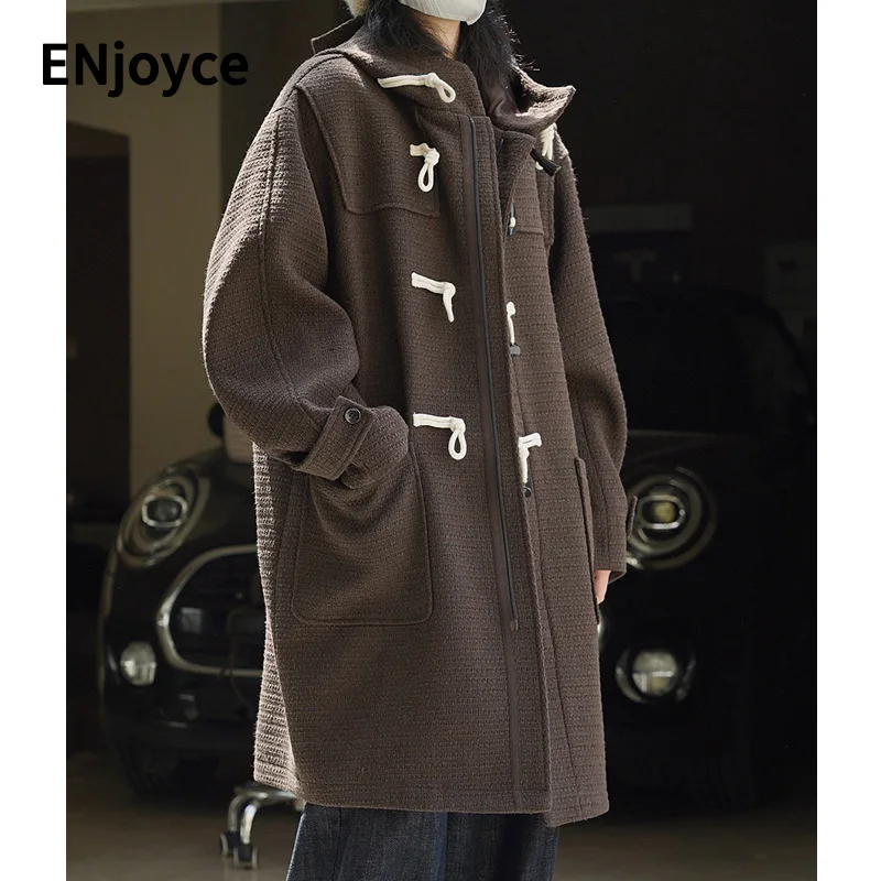 

ENjoyce Winter Vintage Coffee Horn Button Woolen Hooded Long Coat Women Japan Style Windproof Oversized Jacket Loose Outerwear
