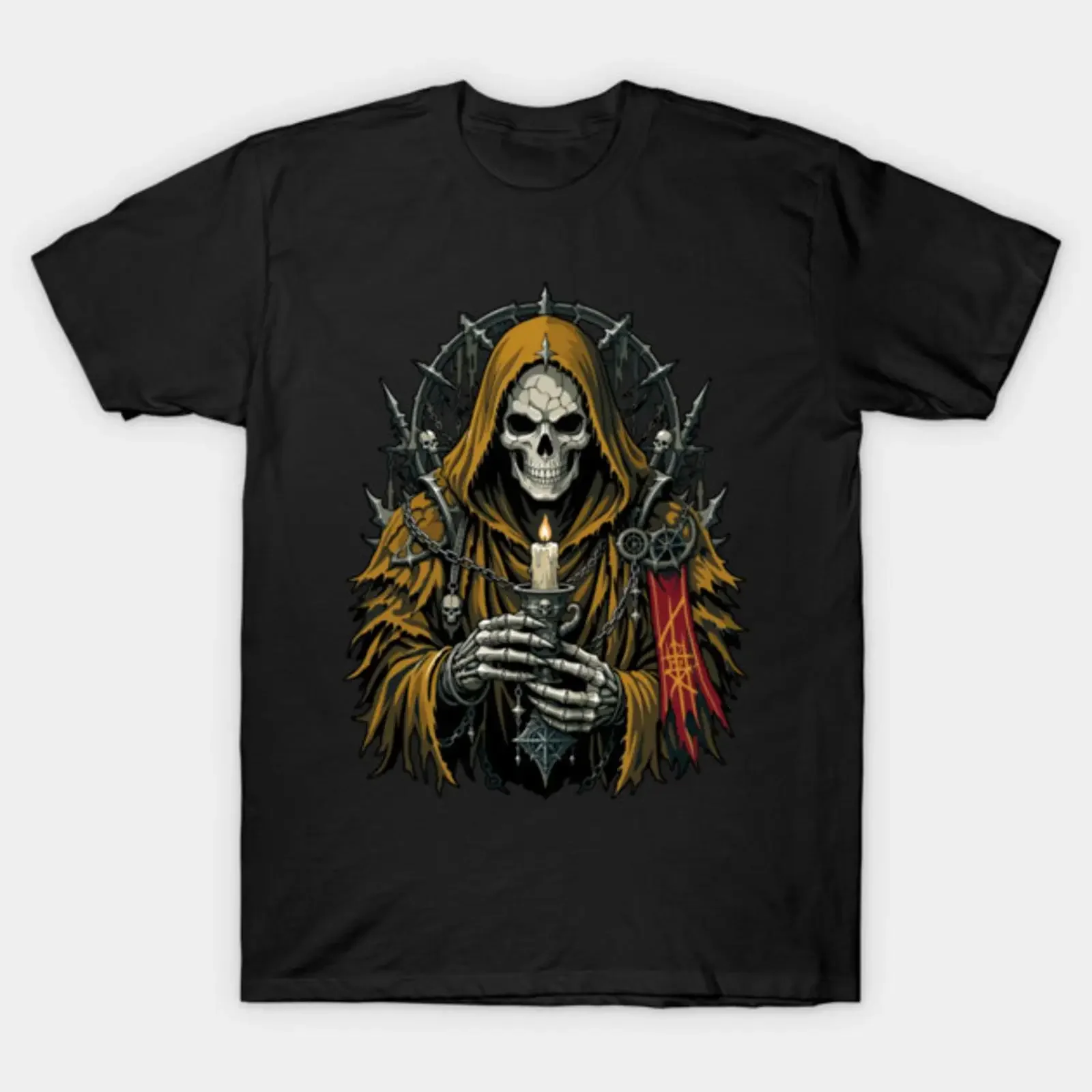 Candle Skull Hooded Monk Gothic Guardian T Shirt vintage Washed homme Stretched Stylish Comfortable fashion