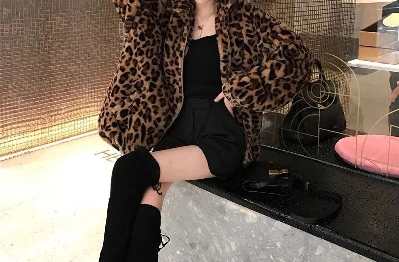 Autumn and Winter New Cotton Thick Leopard Print Coat  Loose Retro Plush Coat