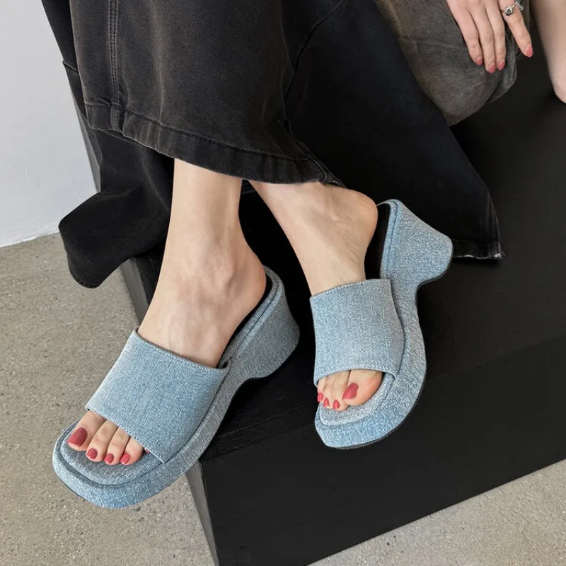 Platform Denim Slipper Lady Round Toe Open Toed Casual Flip-flops Vintage Outdoor Casual Slides Femaleall-match Mocasines