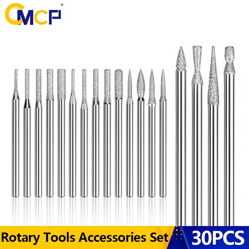 CMCP Diamond Grinding Burr Needle 30PCS 3.0mm Shank Point Engraving Carving Polishing Glass Jade Stone Drill Bit Rotary Tool