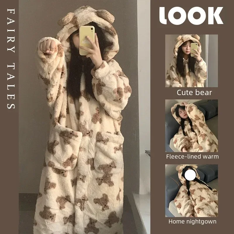 Winter New Women\'s Hooded Robe Thickened Flannel Warm Home Clothes Long Sleep Dress Cute Bear Soft Casual Fluffy Pyjamas Set