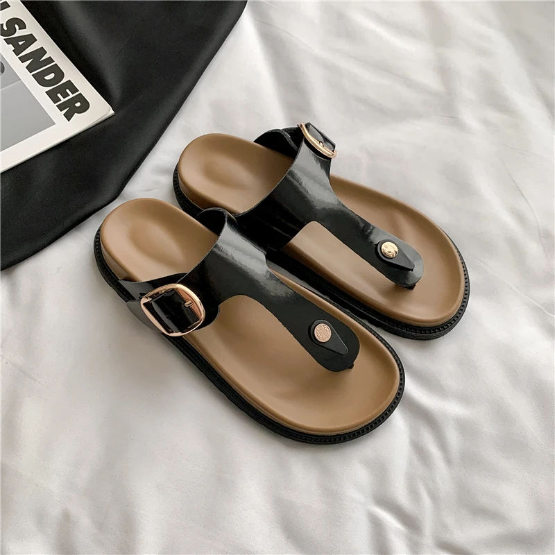 Drestrive 2024 Fashion Women's Slipper Flat Heels Summer Leisure Shoes Buckle Flip Flops Cow Split Leather Seabeach