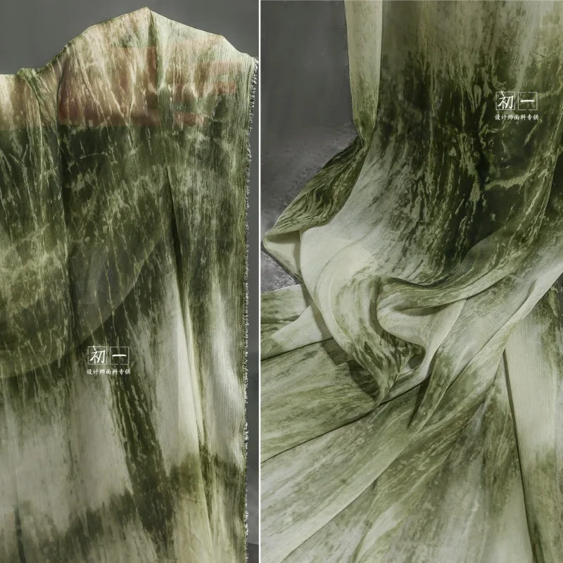 Green Gradient Gauze Gauze Gauze Material Retro Wedding Dress Chiffon Dress Designer Fabric