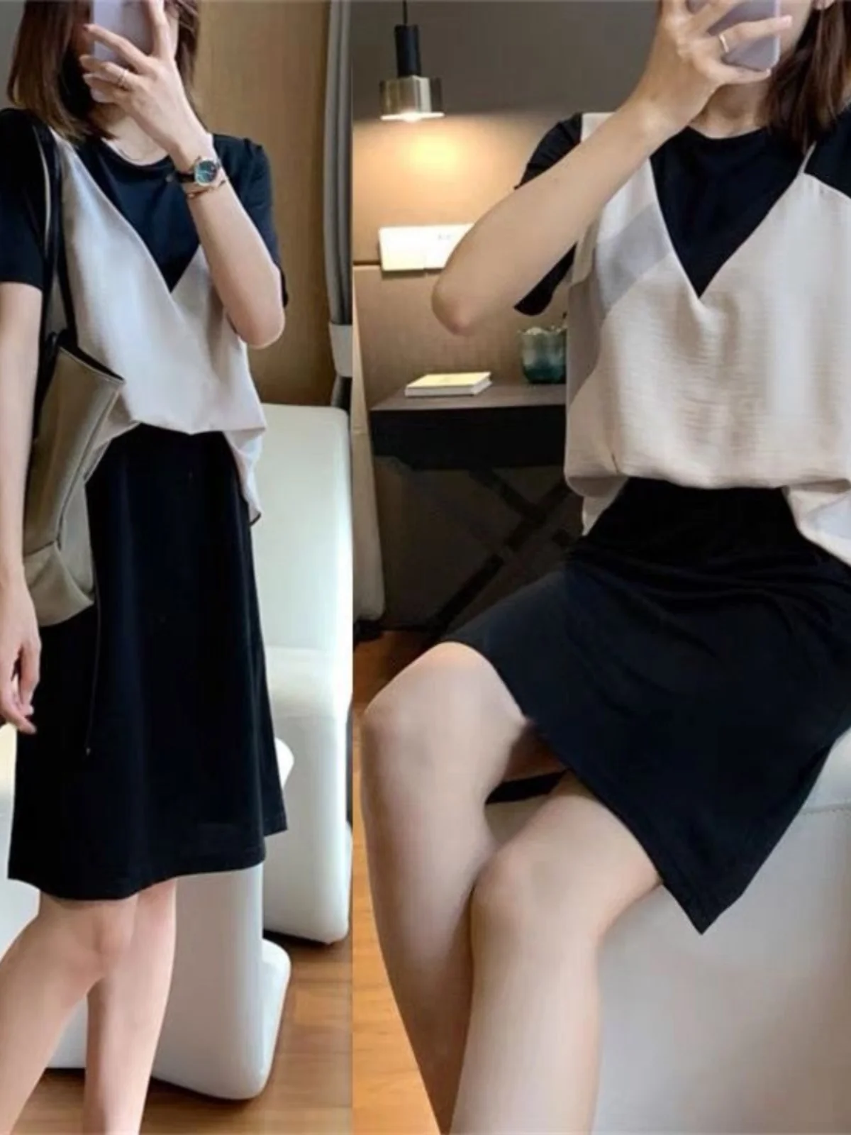 

plus Size Summer Casual High Waist Short Sleeve T-Shirt Dress Women's Loose Belly Covering Strap Dress OL Style round Neck