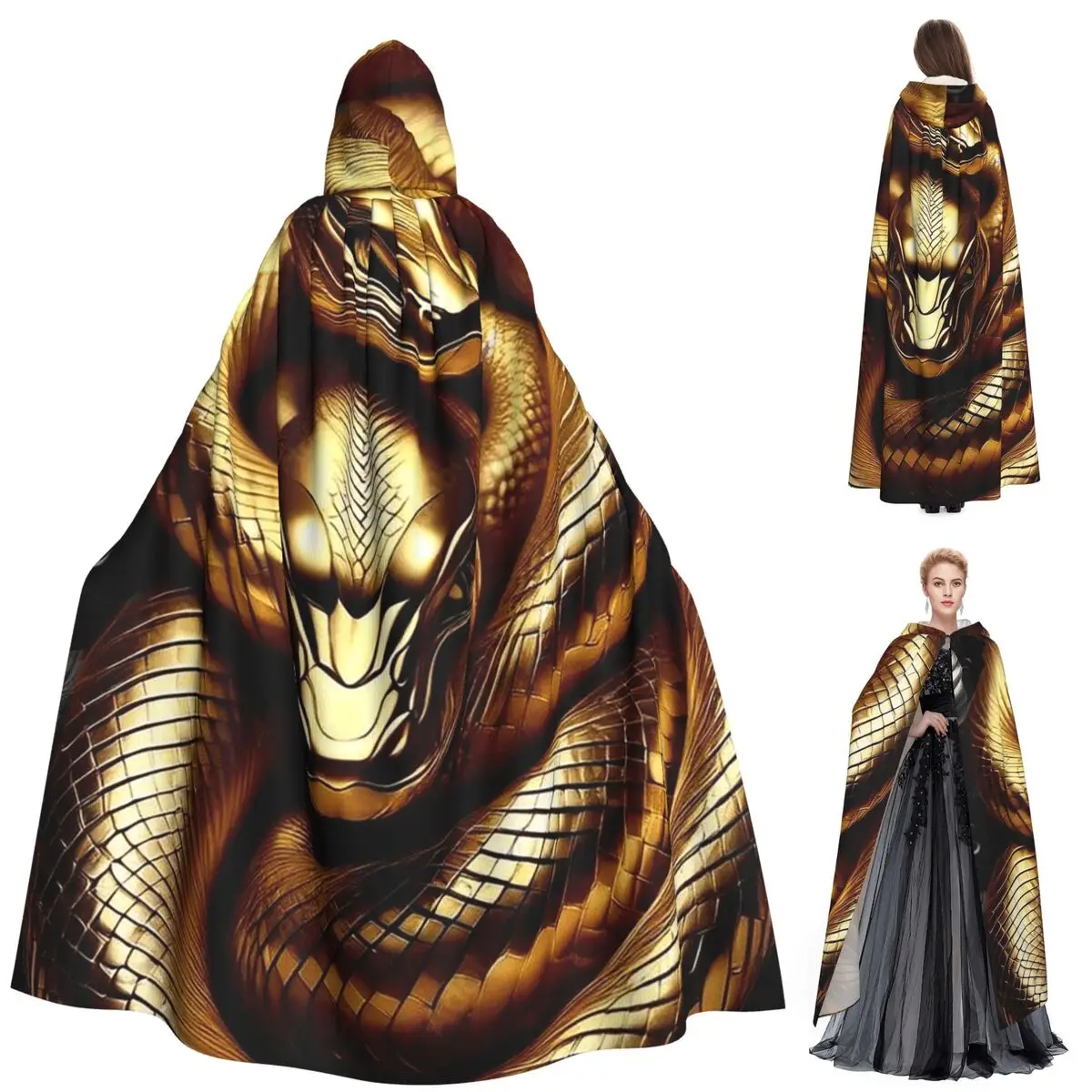 ゴールド怖い蛇ロングフード付きマント魔女中世コスチュームコスプレケープハロウィンパーティー大人ユニセックス