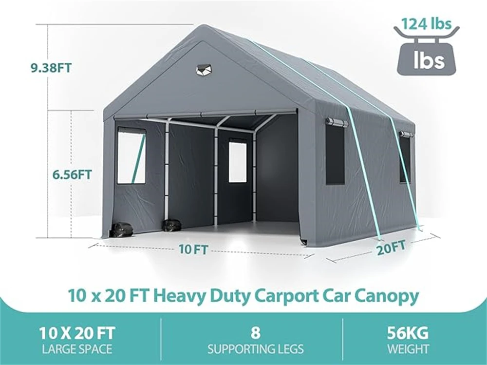 10x20 Heavy Duty Carport Canopy with Roll-up Windows and All-Season Tarp Cover Metal Roof - Extra Large Portable Car Tent Garage