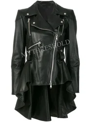 Women Genuine Lambskin Jacket Peplum Waist Designer Biker Real Leather Jacket