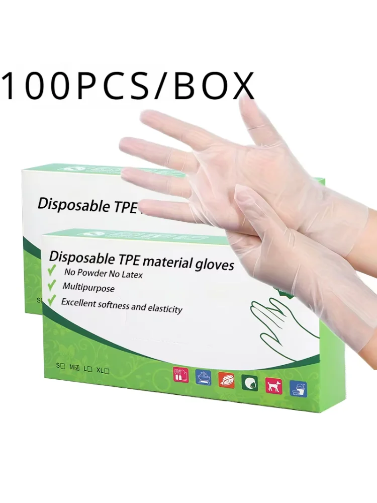100PCS Disposable TPE Gloves, Powder Free and Latex Free, Suitable for Kitchen, Bathroom Cleaning