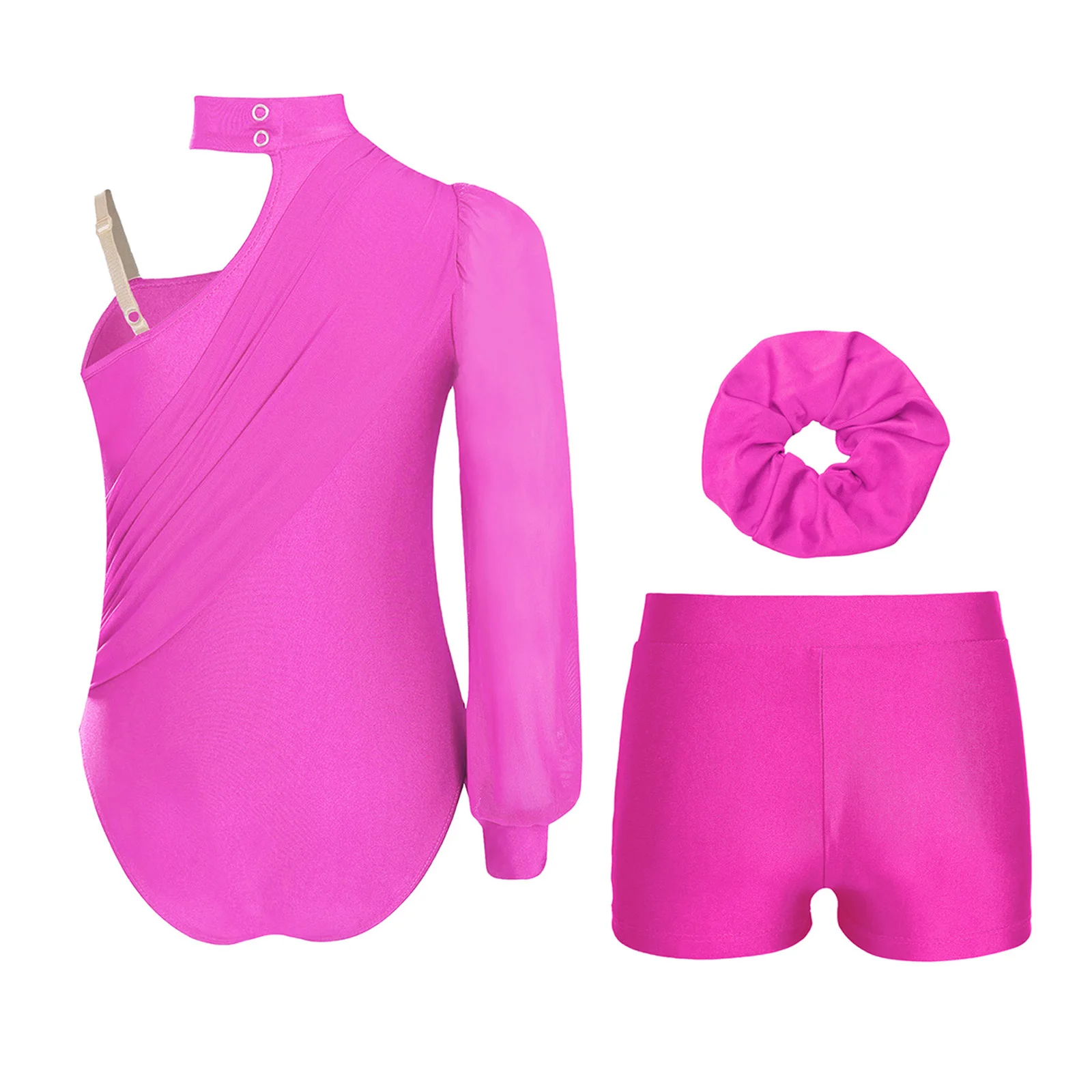 어린이 소녀 발레 댄스 세트 피겨 스케이팅 체조 댄스 복장 원 숄더 긴 소매 레오타드와 반바지 및 헤어밴드