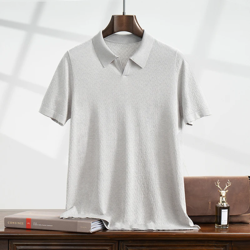 

New men's mulberry silk T-shirt casual knit pullover short sleeved luxury loose polo collar tops high-quality spun cashmere Tees