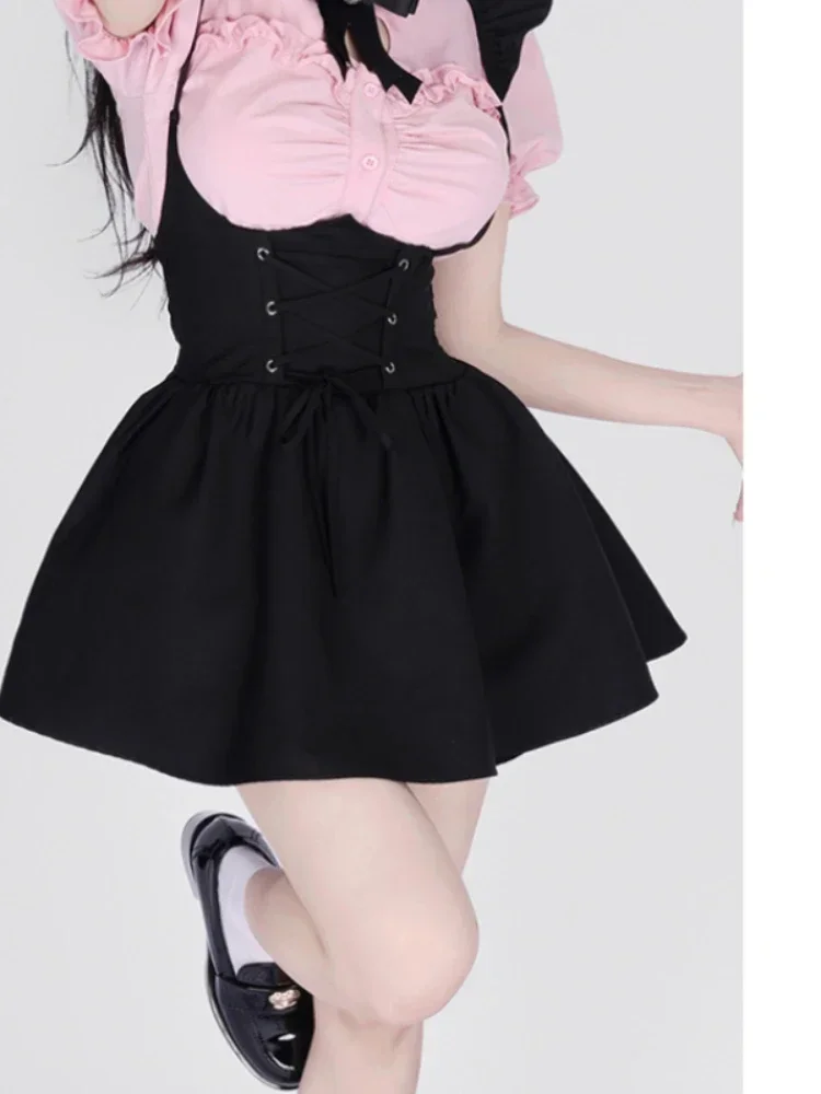 Summer Pink Sweet Kawaii 2 Piece Set Women Black Korean Style Skirt Suit Female 2024 Elegant Cute Blouse Suspenders Mini Dress