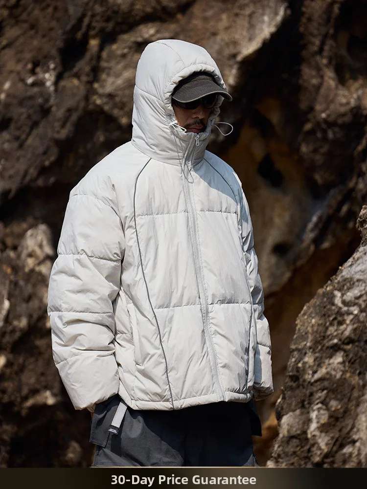 

Nted American Retro Reflective Strip Splicing Hooded down Jaet Winter Loose 90 Filling Feather Warm Couple Outerwear