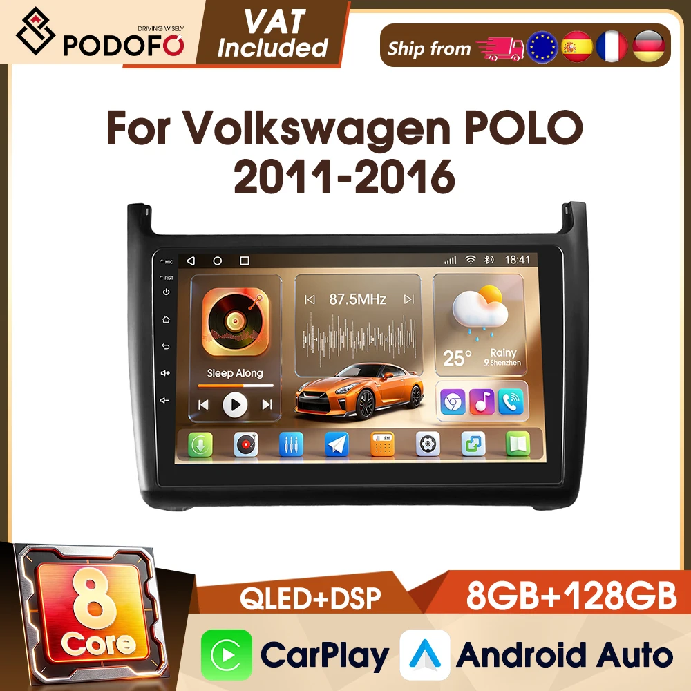 Autoradio Podofo 9 pouces 8 cœurs 8+128 Go 4G pour VW Volkswagen POLO 2011-2016, systèmes intelligents, DAB, WIFI, GPS, FM, RDS