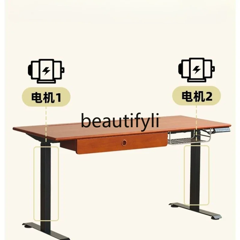 

smt1 Solid wood electric lifting table retro furniture dual motor learning office desk game table