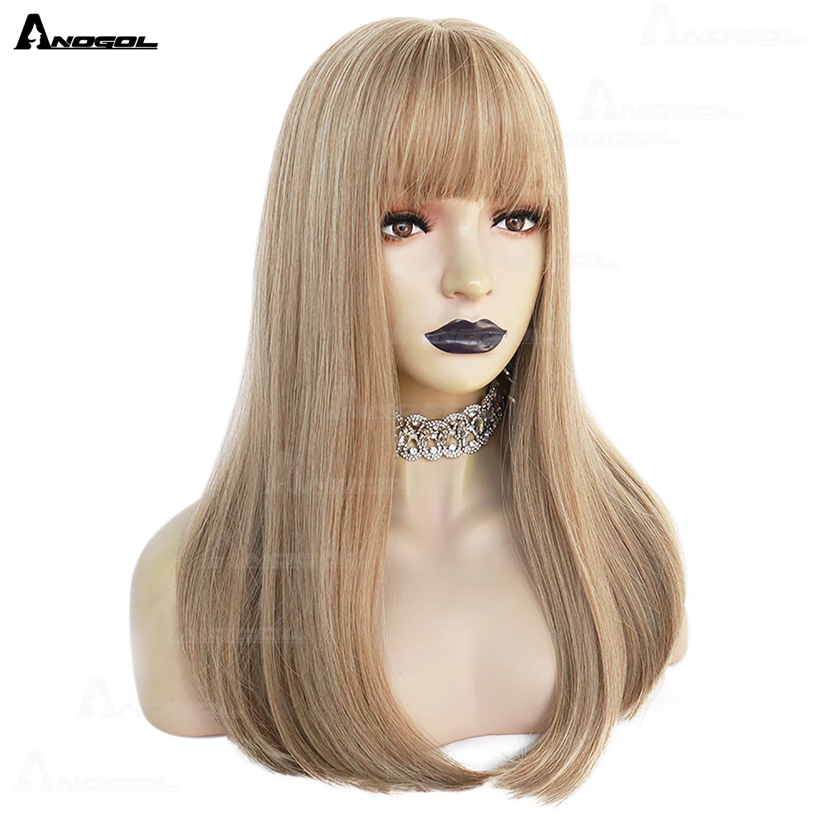 ANOGOL Synthetic Wig Fiber Light Brown Synthetic Wigs for Women Long Straight Hair with Bangs for Girl Lolita Cosplay Wigs