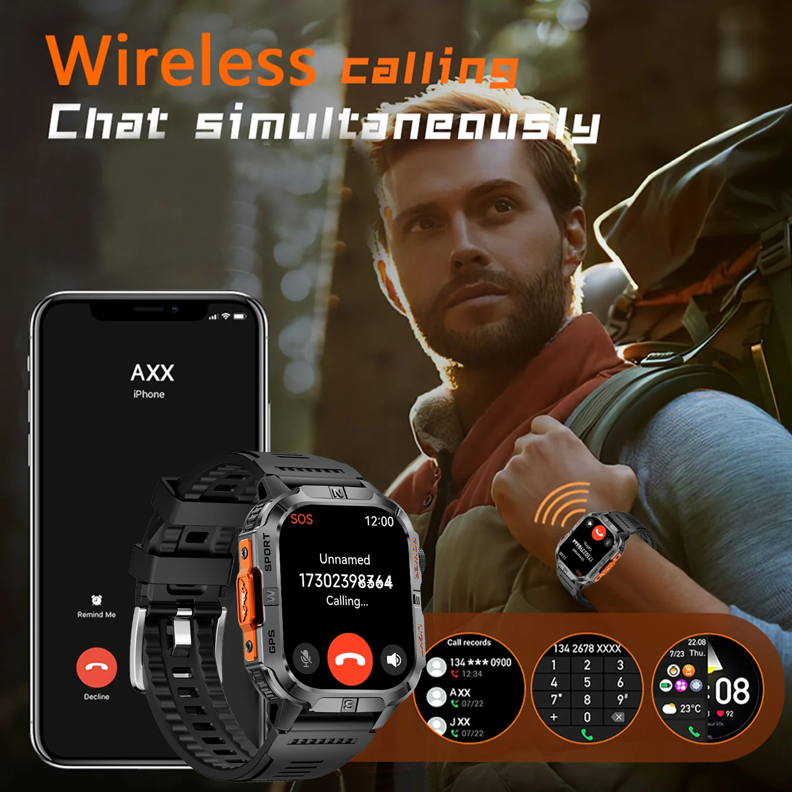 2025 ساعة رياضية جديدة 2.01 بوصة بلوتوث دعوة نظام تحديد المواقع لتحديد المواقع معدل ضربات القلب IP68 النوم 540 mah مصباح ليد جيب 100 + وضع رياضي