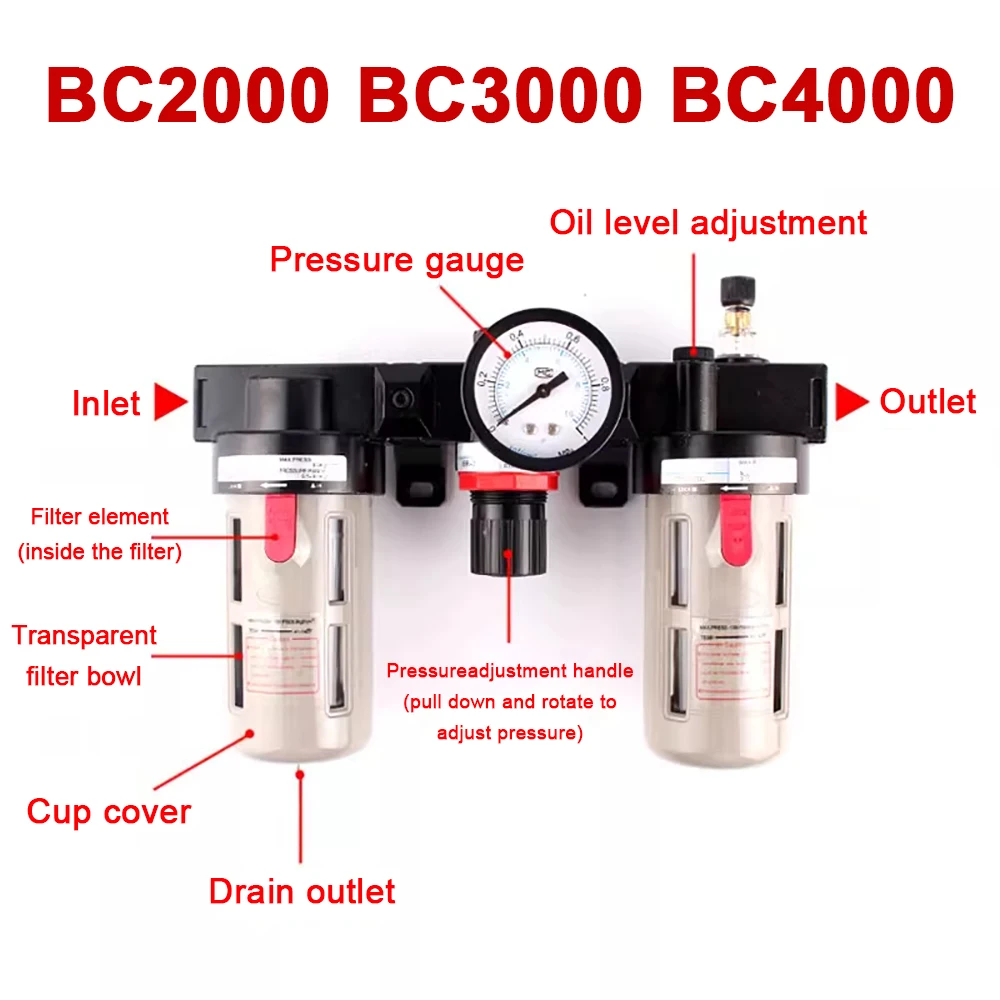 

BC2000 BC3000 BC4000 1/4 3/8 1/2 Three-Link Oil And Water Separation Filter Air Pressure Reducing Valve Gas Source Processor