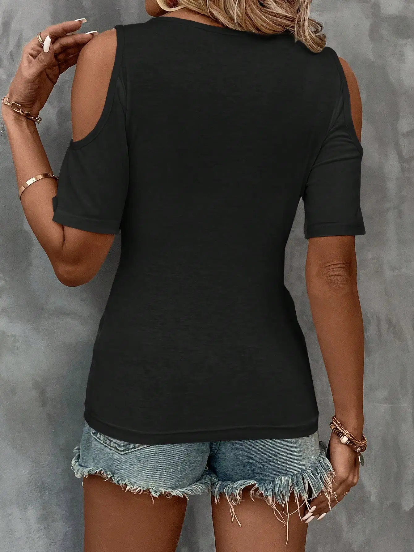 Women's Solid-Color Off-the-Shoulder V-Neck Fitted Short-Sleeve T-Shirt