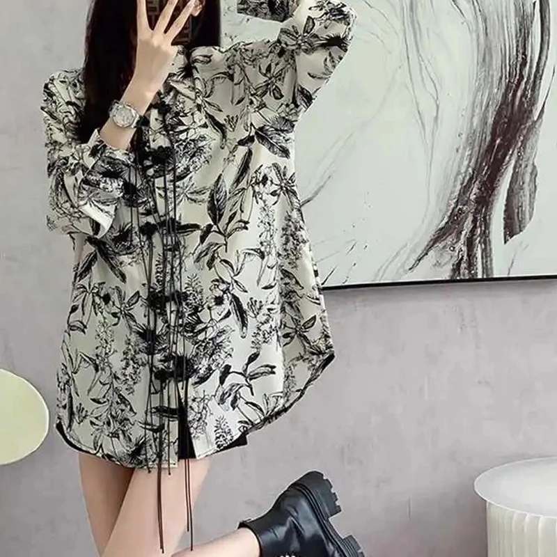 Women\'s Chinese Style Vintage Print Button Up Shirt Harajuku Y2K Oversized Long Sleeve Blouse Female Casual Irregular Tunic Tops