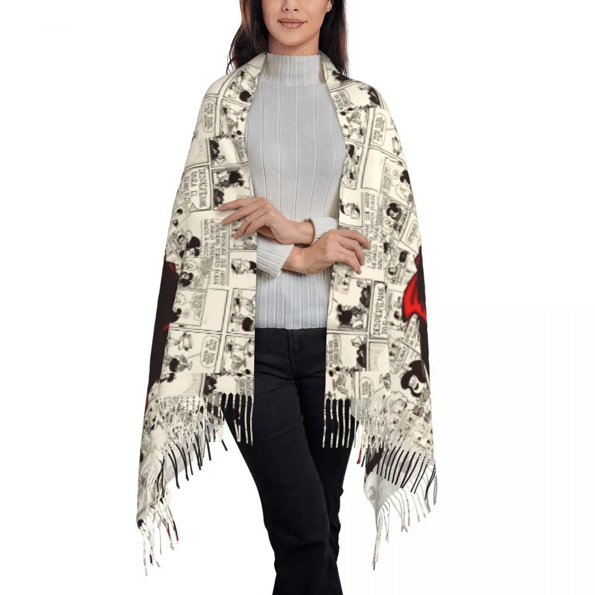 Custom Anime Mafalda Tassel Scarf Women Winter Fall Warm Shawls Wraps Female Cartoon Kawaii Scarves