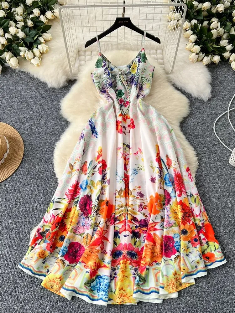 

Lusumily New Fashion Vintage Sexy Party Dress Women Backless Flower Printed Long Dress Female Holiday Spaghetti Strap Lady Rober