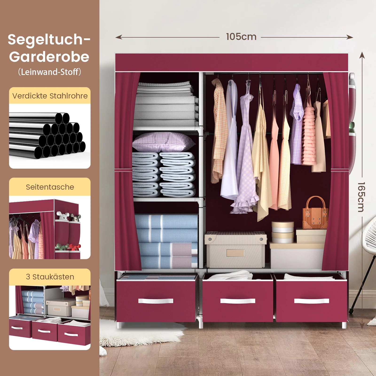 Portable Closet ,105*45*165cm Wardrobes with 3 Storage Boxes,Wardrobe Clothes Storage for bedroom,Folding Wardrobe Closet