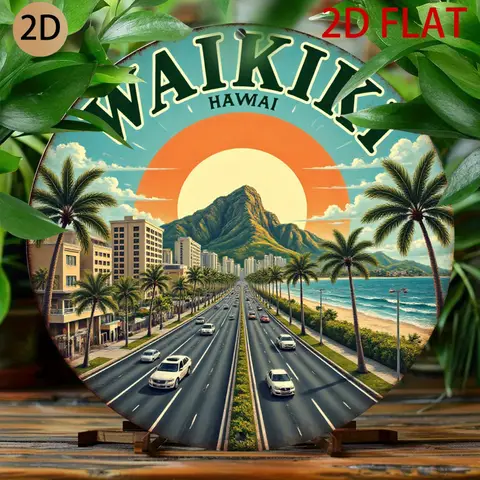 2D Plane Circular Waikiki Hawaii Tin Metal Sign Tropical Beach and Mountain Design  Wall Art for Home Beach House or Bar,2D Flat