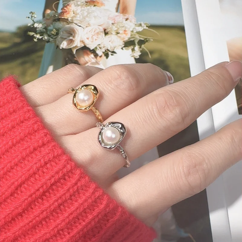 

S925Sterling Silver Natural Gemstone Freshwater Pearl Ring Plated18KReal Gold Index Finger Ring Niche Cool Style Women Wholesale