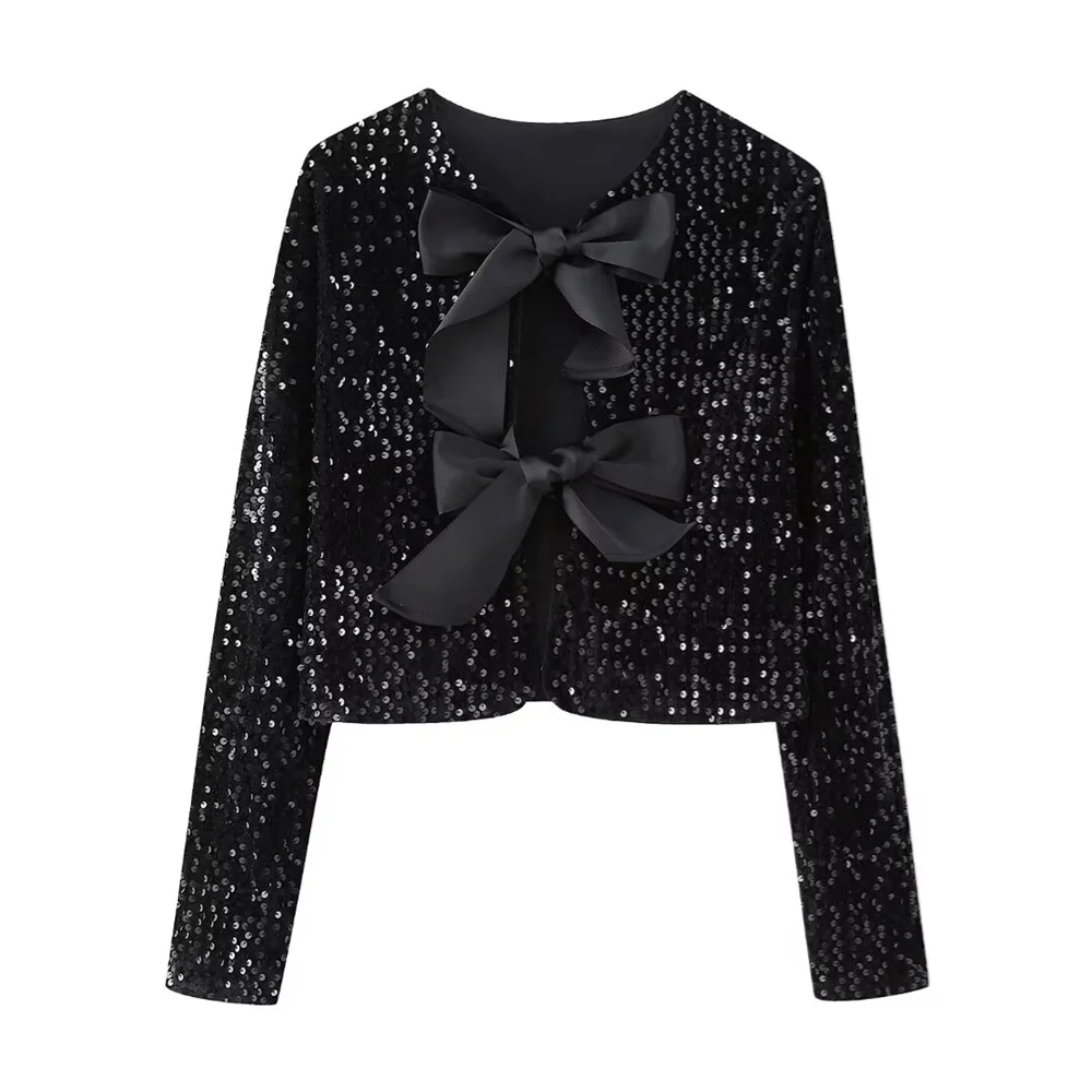 PB&ZA 2023 Winter New Women's Fashion, Casual, Sweet and Versatile Bow Tie with Sequin Top