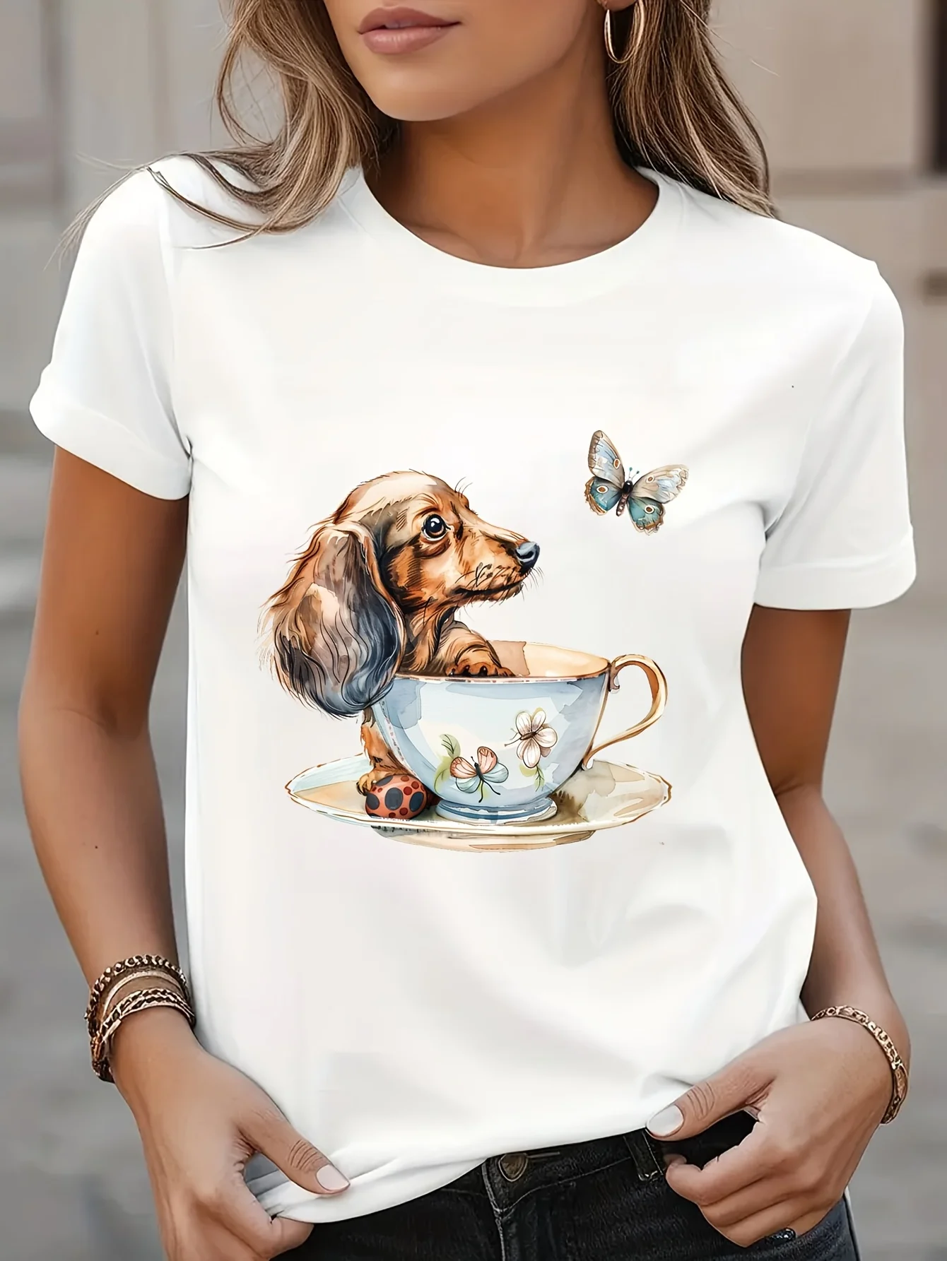 เสื้อยืดลายกราฟิกสุนัขดัชชุนด์สำหรับผู้หญิง ลายกราฟิกเทศกาลอีสเตอร์ คอกลม แขนสั้น ลายเรขาคณิต ใส่ได้ทุกฤดู เสื้อยืดลายกราฟิกสไตล์ Y2K