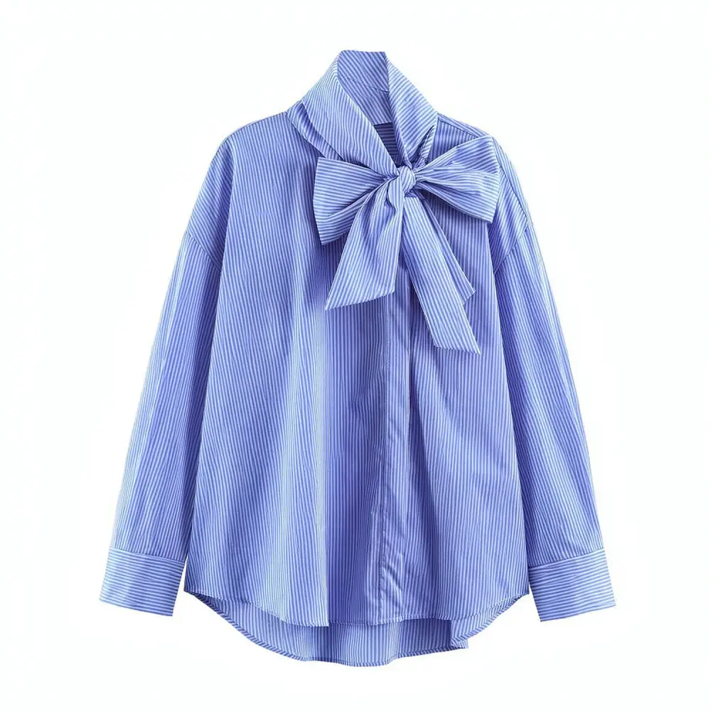 Women Elegant Striped Shirt Long Sleeve Bowknot Detail Polo Neck Blouse Fashion Office Commuter Slim Fit Pullover Tops New 5
