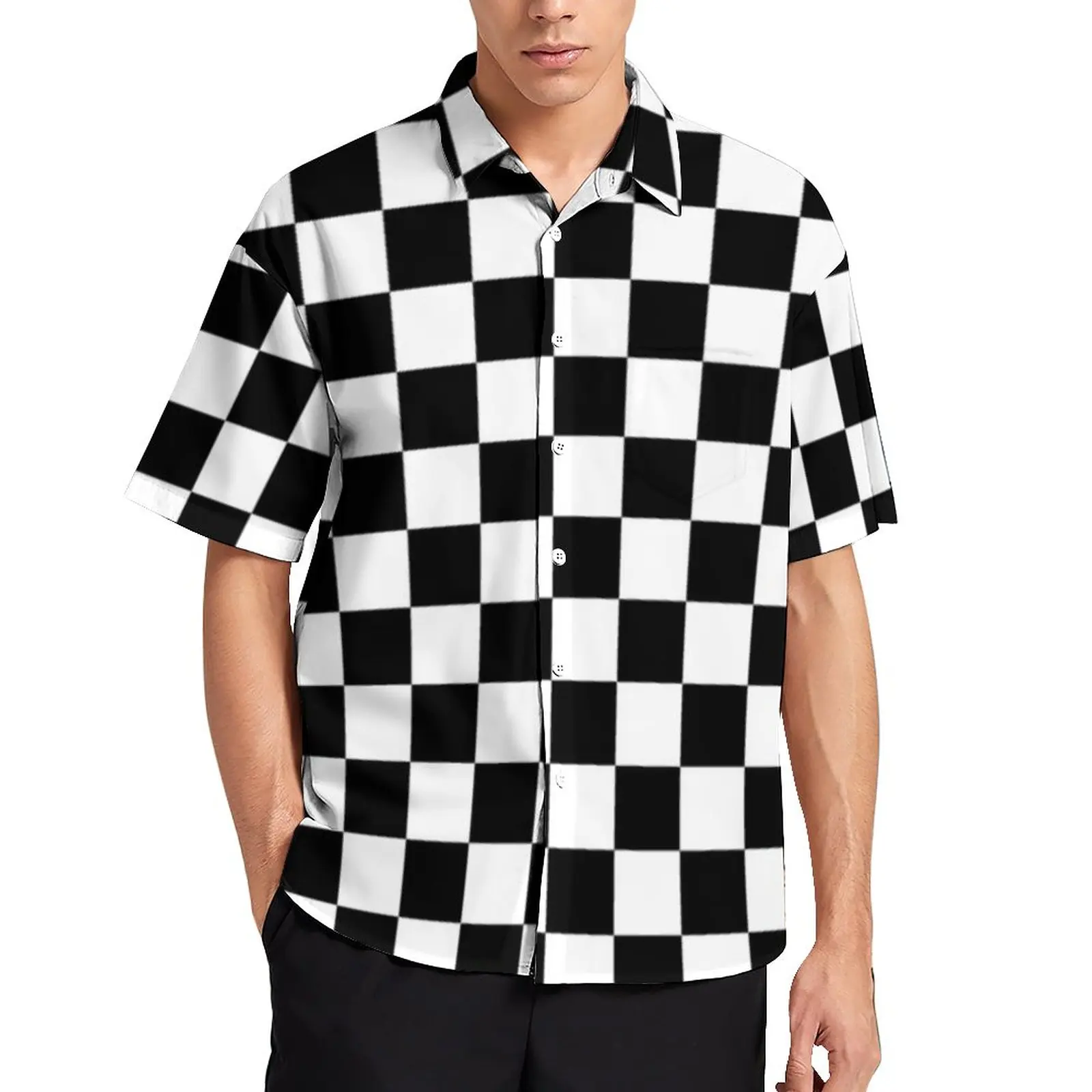 Black Checkerboard Casual Shirts Classic Black White Checker Beach Shirt Hawaiian Y2K Blouses Man Print Clothing Plus Size 4XL