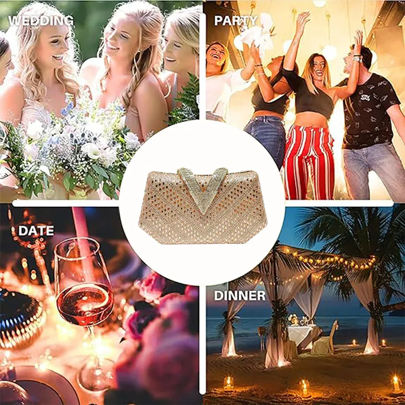 2025 Brand Desig Women V-shaped Lock Inlaid Full Diamonds Evening Clutch Bag Luxury High End Party Handbag Wedding Crossbody Bag