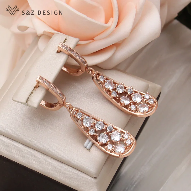 

S&Z DESIGN New Fashion 585 Rose Gold Color Hollow Bent Leaf Cubic Zirconia Dangle Earrings For Women Party Jewelry Fine Gift