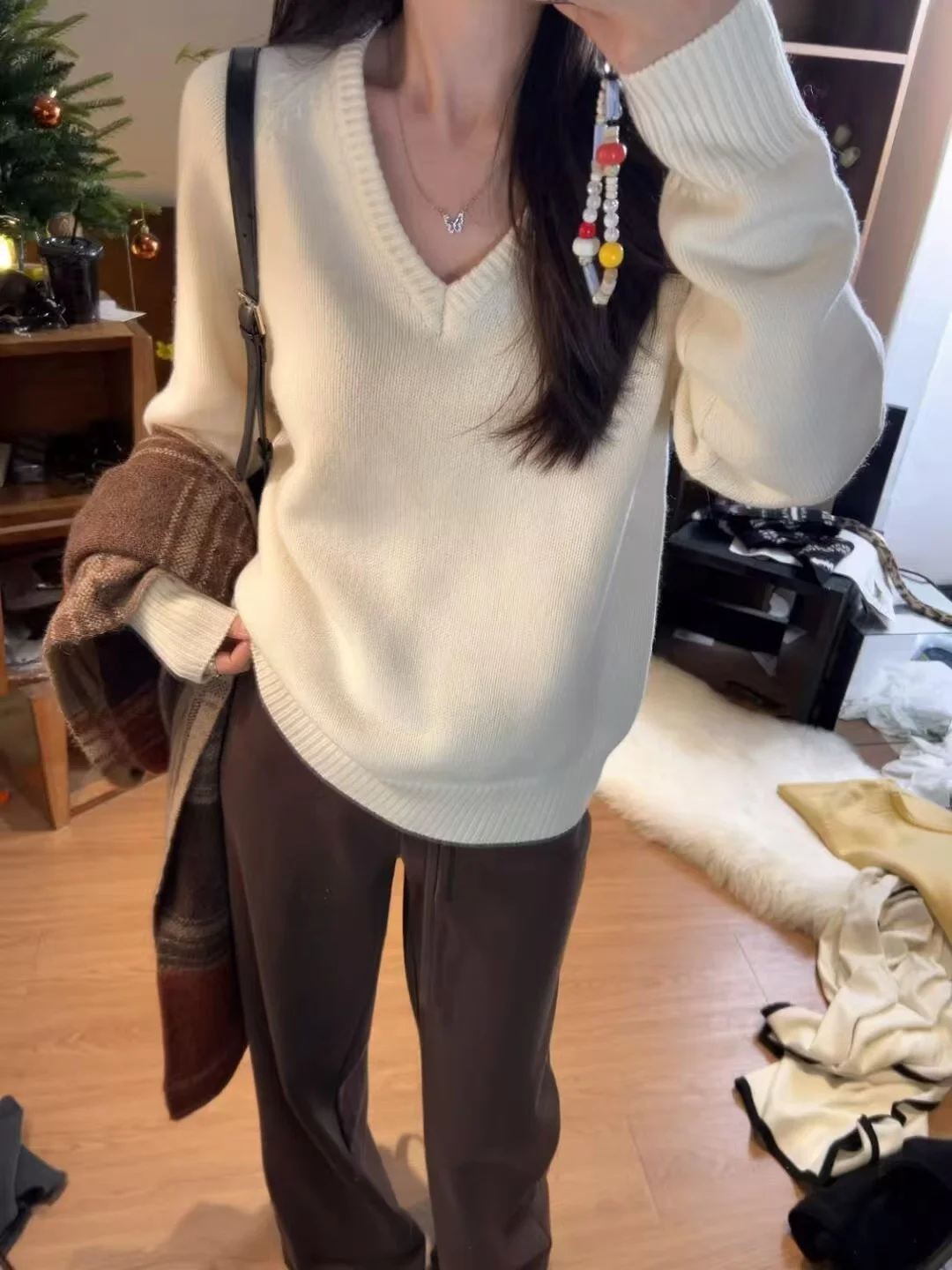 

Ladies V-Ne Pullover Knitted Sweater Loose Fit Autumn Winter Faion Soft Pure Color Casual Commute Sle Long Sve Top