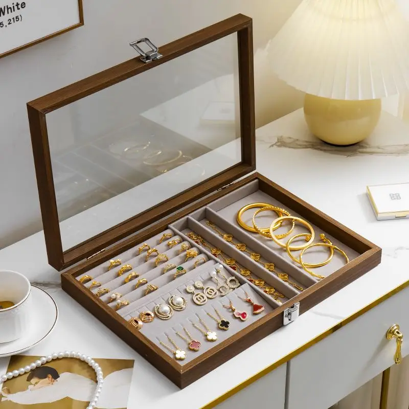 Jewelry Organizer Box Wooden with Glass Lid Anti-Dust, Storage Containers for Necklace Bracelet Ring Earrings, Home Display Case