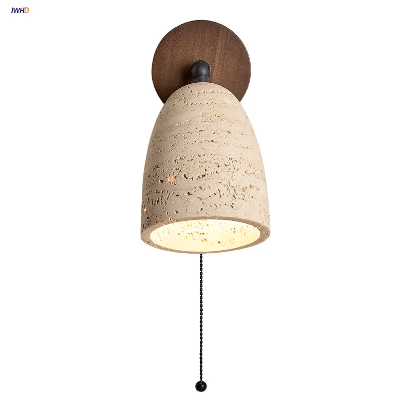 

IWHD Yellow Travertine LED Wall Lights Bathroom Mirror Stair Light Fixtures Pull Chain Switch Nordic Modern Rotate Bedside Lamp