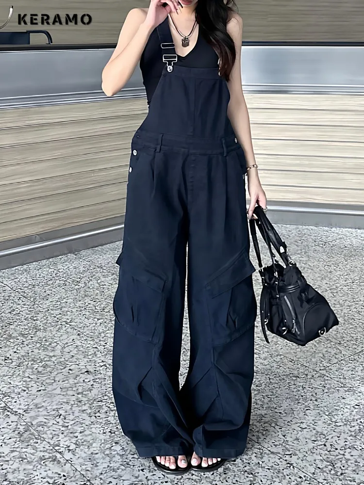 

Зима 2024, повседневные комбинезоны без рукавов с карманами в уличном стиле, женские джинсовые комбинезоны Y2K, винтажные свободные широкие брюки