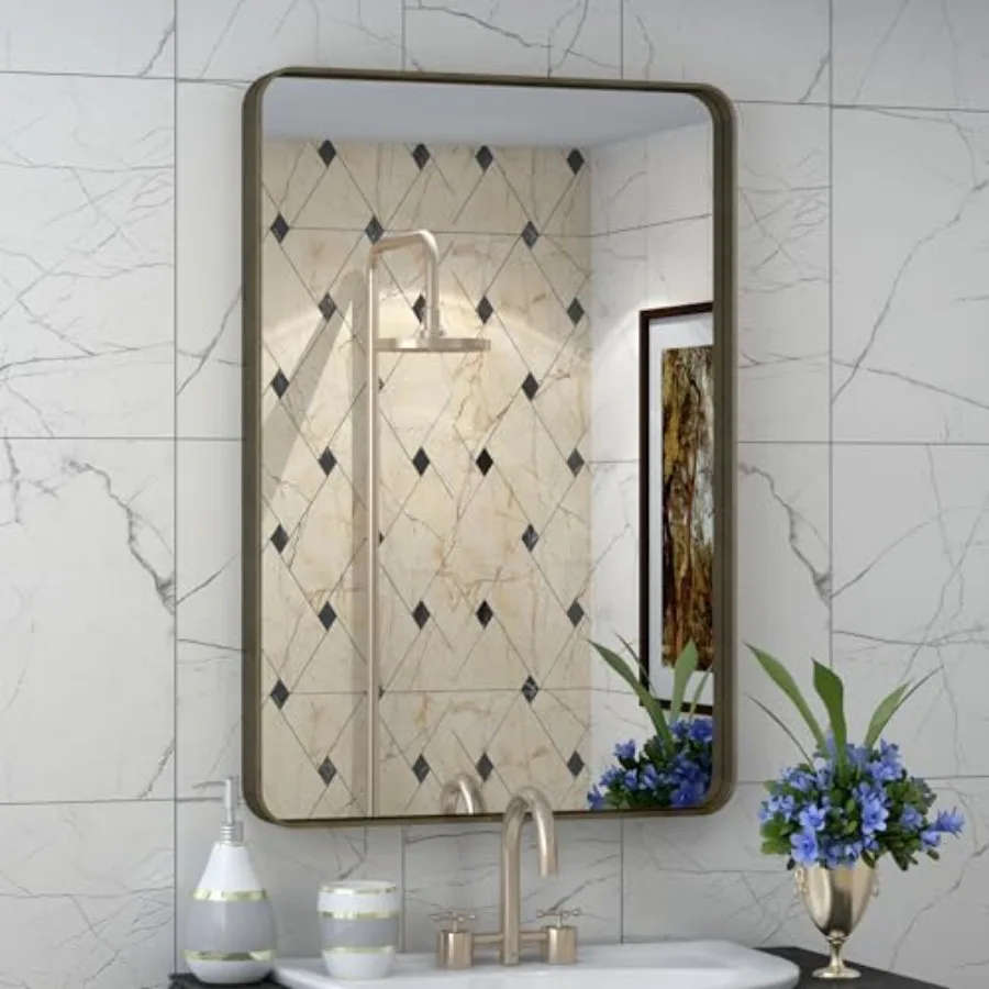 

16x24 Bathroom Mirror, Rounded Rectangle Frame Mirror, Brushed Bathroom Vanity Mirror Wall-Mounted, Anti-Rust, Hangs Horizontal