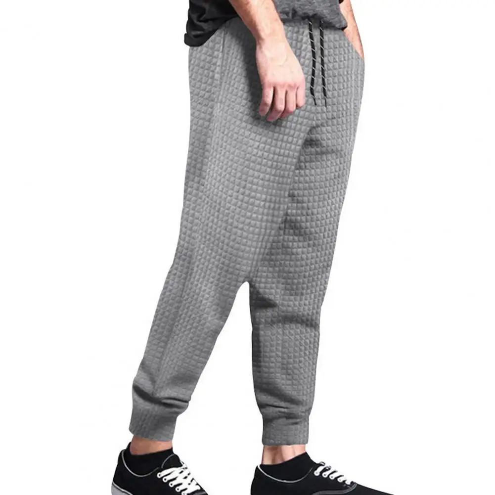 Men Casual Trousers Men's Waffle Texture Drawstring Sweatpants with Elastic Waist Pockets Casual Soft Warm Trousers for Spring