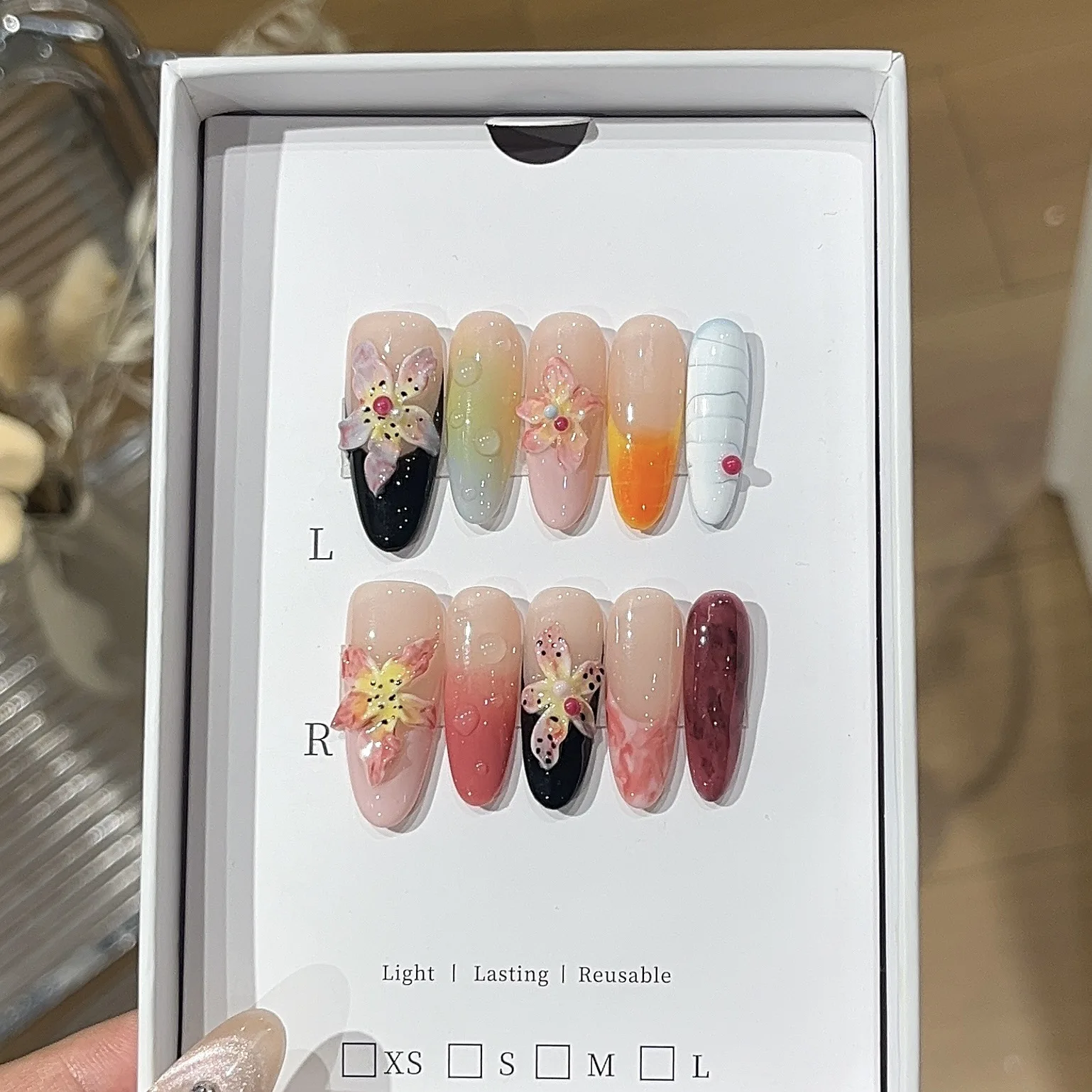 

10PCS Colorful Gradient French Handmade Press on Nails 3D Carved Flowers Long Oval Fake Nails Spice Girls Island Ins Style Nails