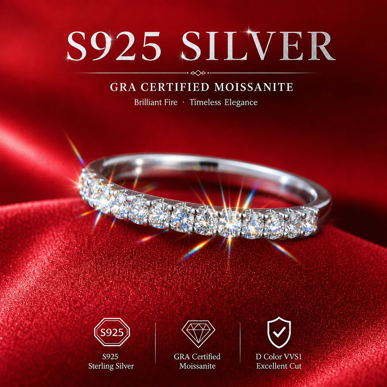 Mit GRA-Zertifikat S925 Sterling Silber 3,0mm Vollmoissanit-Ring D VVS1 3EX Schliff Funkelnder Moissanit-Band Hochzeits- und Partygeschenk – Detail 17