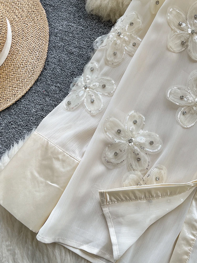 الفرنسية الماس رصع ثلاثي الأبعاد زهرة التلبيب قميص طويل الأكمام للنساء ربيع الخريف تنوعا شيك الاتجاه العلوي C363