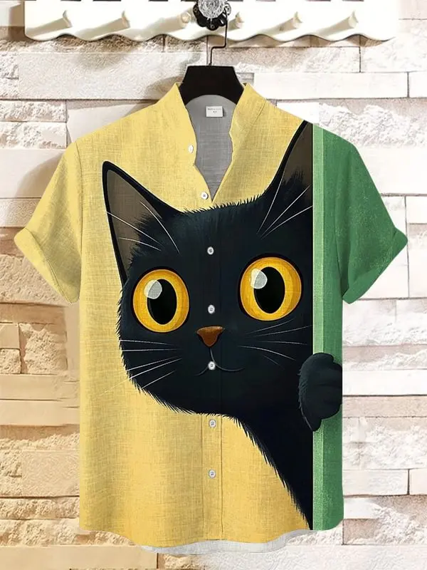 

Men's Funny Black Cat Graphic Shirts 3D Print Japanese Style Hawaiian Shirt Fashion Men Women Oversized Short Sleeve Blouse Tops